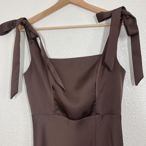 Birdy Grey Dress Womens Small Brown Satin Square Neck Tie Strap Maxi Bridesmaid - Picture 4 of 16